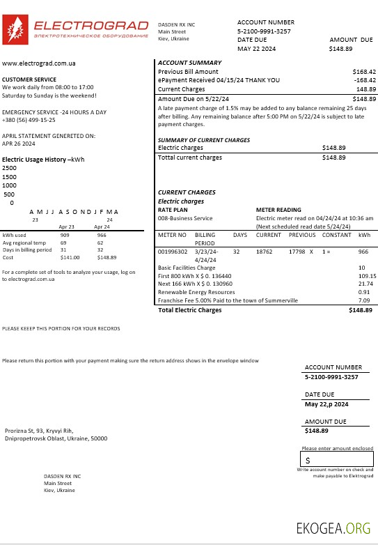 Modèle de facture de services publics d'électricité d'Ukraine Elektrograd aux formats Word et PDF